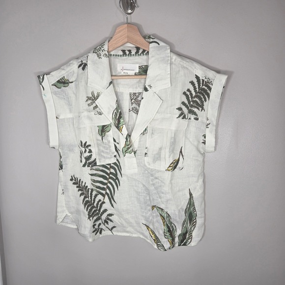 Anthropologie Tops - Anthropologie 100% Linen Tropical Leaf Print Button Front Blouse Size S